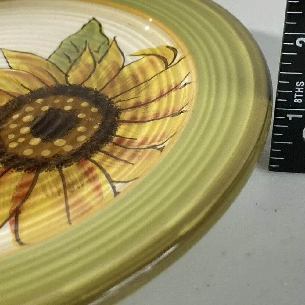 Set Of 6 Clay Art Sunflower‎ Hand Painted Stone Lite Salad Dessert Plates 8.25